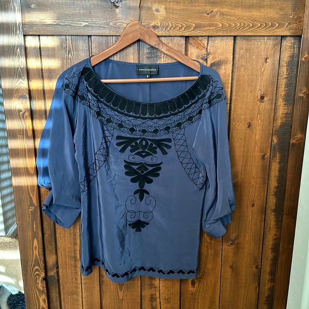 Corey Lynn Calter LA Designer Blue Beaded Silk Top, Size 6